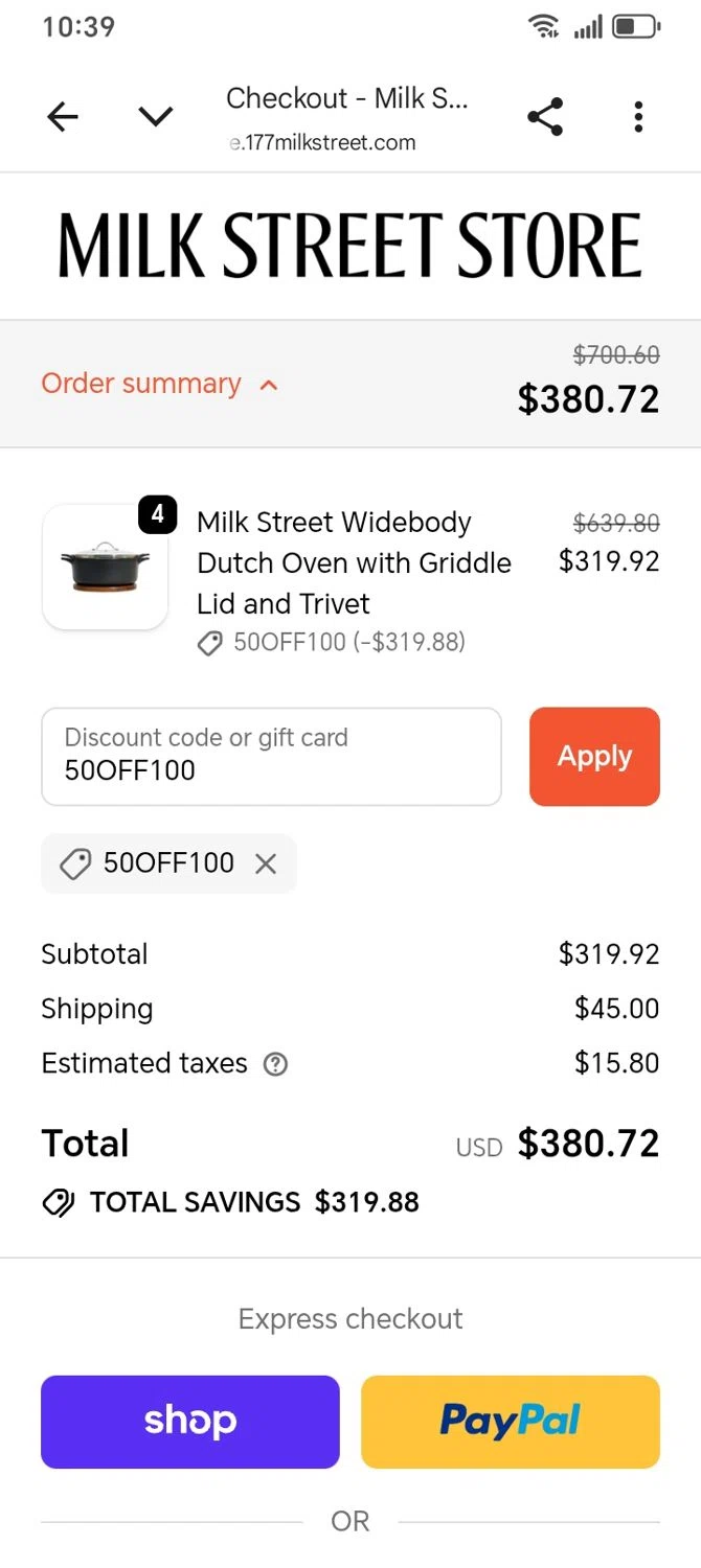 Christopher Kimball's Milk Street promo code screenshot showing code 50OFF100 applied at Christopher Kimball's Milk Street checkout page. Uploaded by SimplyCodes community member franksanchez on Feb 13, 2026