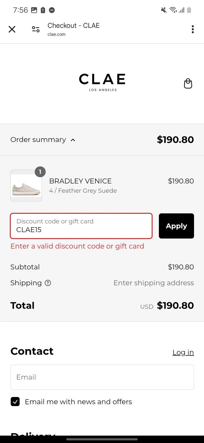 Clae discount code screenshot showing code CLAE15 applied at Clae checkout page. Uploaded by SimplyCodes community member Prospecto on Feb 9, 2025
