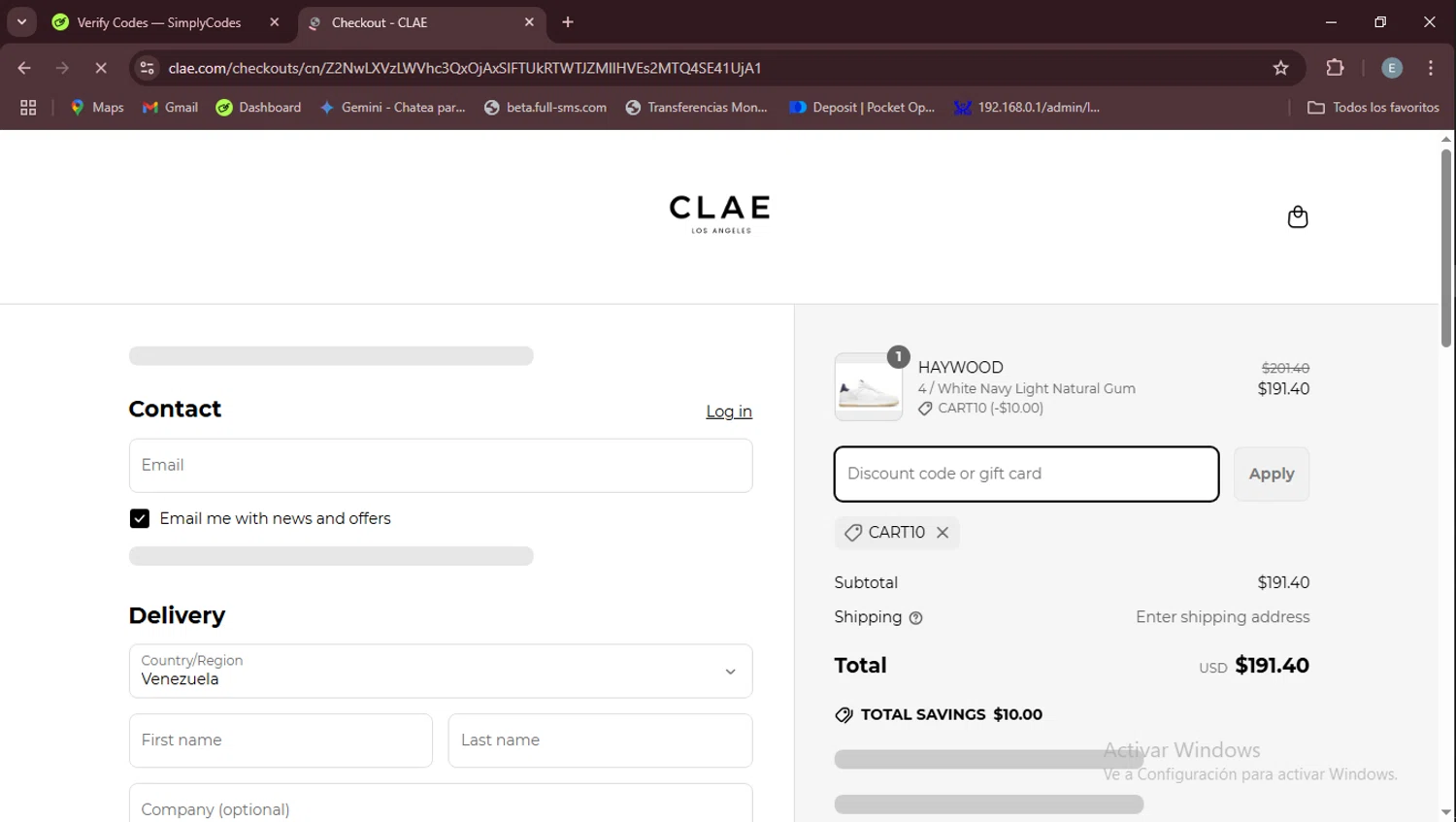 Clae discount code screenshot showing code CART10 applied at Clae checkout page. Uploaded by SimplyCodes community member Esteban on Apr 1, 2025