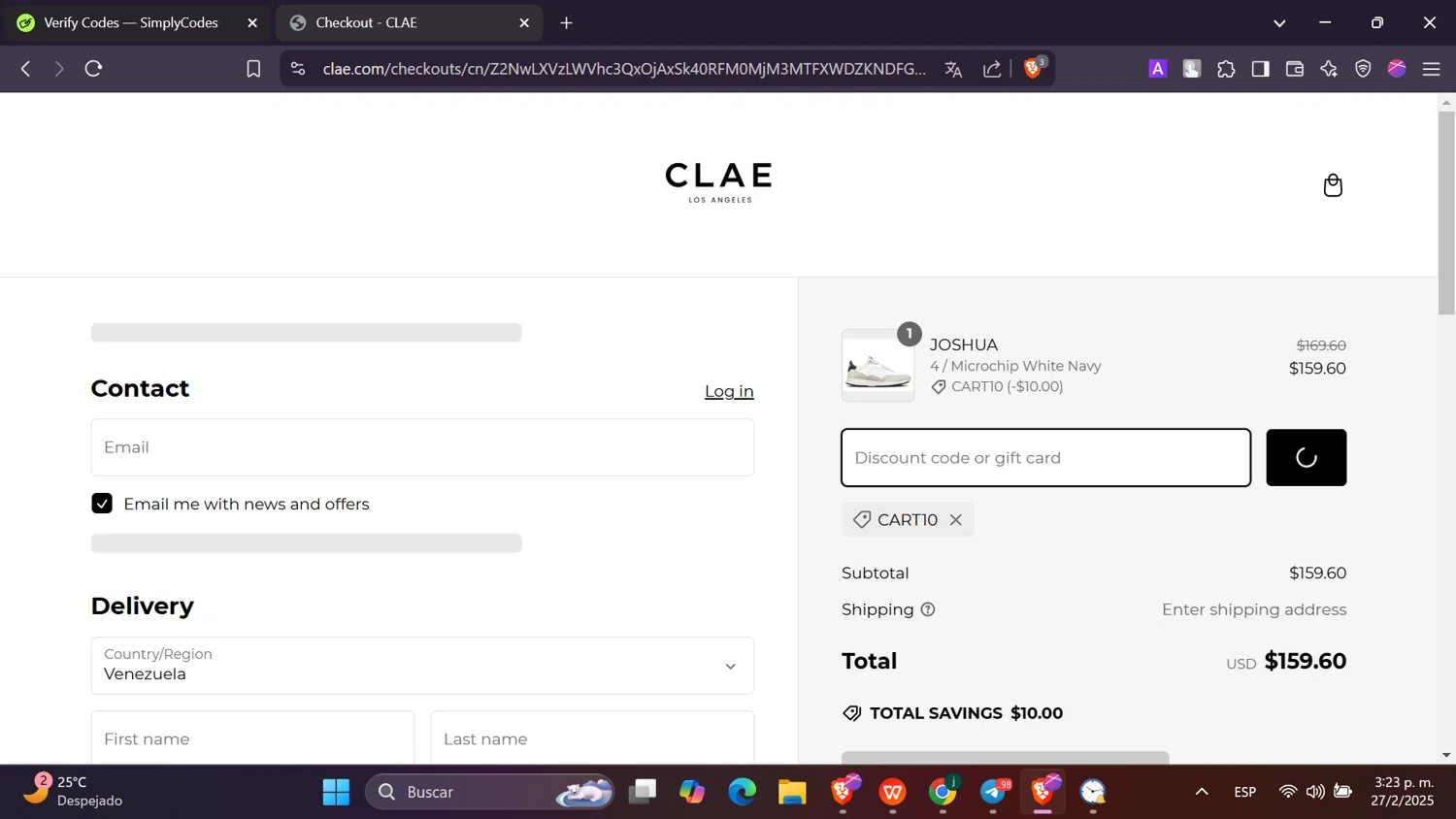 Clae discount code screenshot showing code CART10 applied at Clae checkout page. Uploaded by SimplyCodes community member Toji_fushiguro on Feb 27, 2025