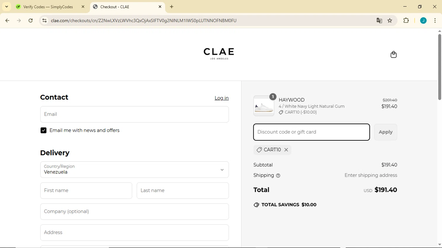 Clae discount code screenshot showing code CART10 applied at Clae checkout page. Uploaded by SimplyCodes community member GoldDefender3268 on Apr 1, 2025