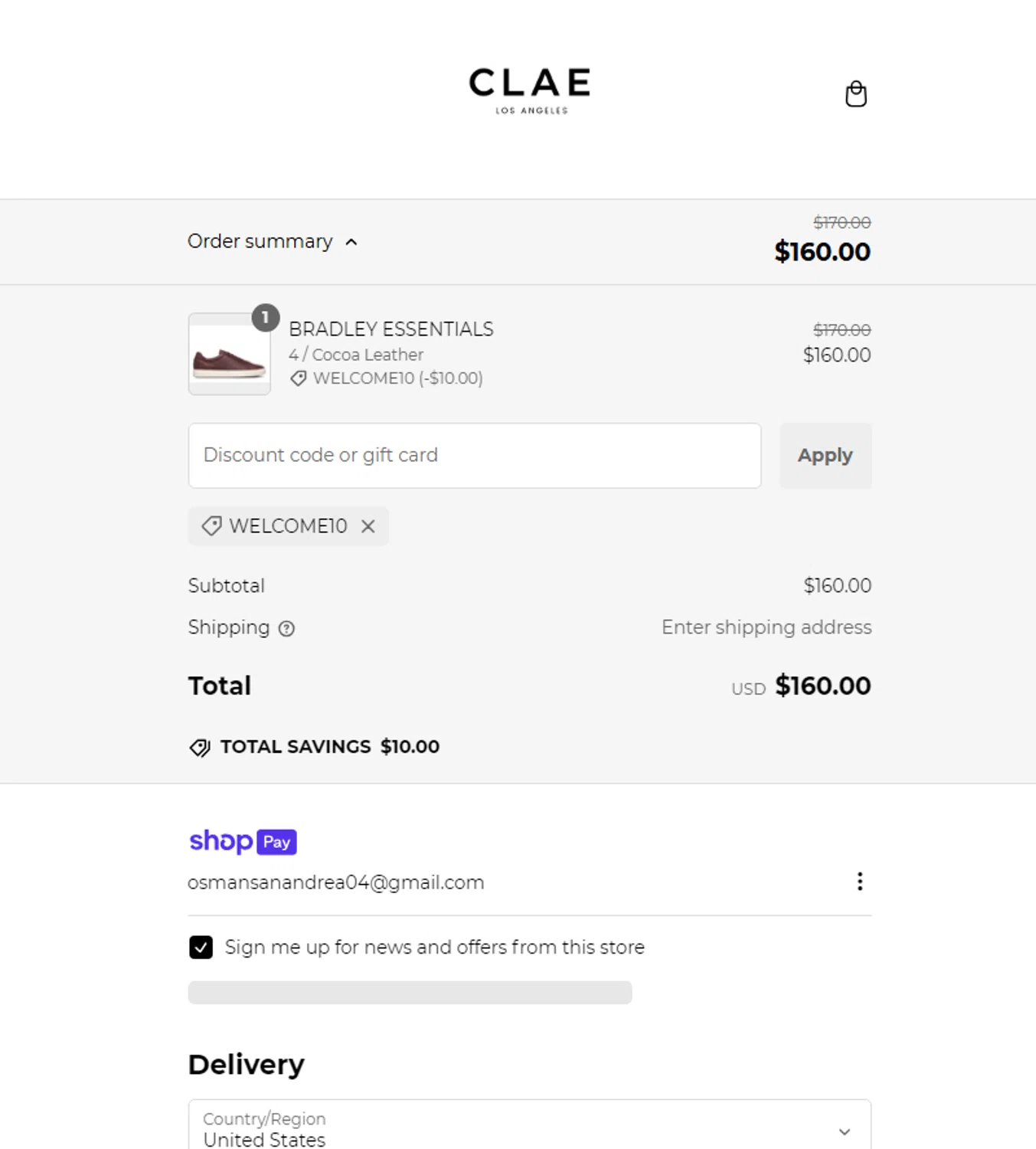 Clae discount code screenshot showing code WELCOME10 applied at Clae checkout page. Uploaded by SimplyCodes community member elchino08 on Jan 3, 2025