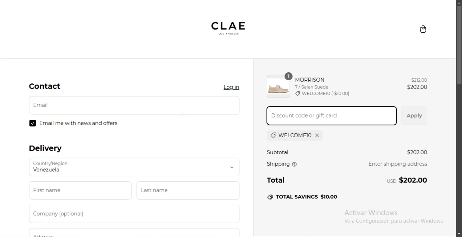 Clae discount code screenshot showing code WELCOME10 applied at Clae checkout page. Uploaded by SimplyCodes community member MoneyEagle4780 on Mar 9, 2025
