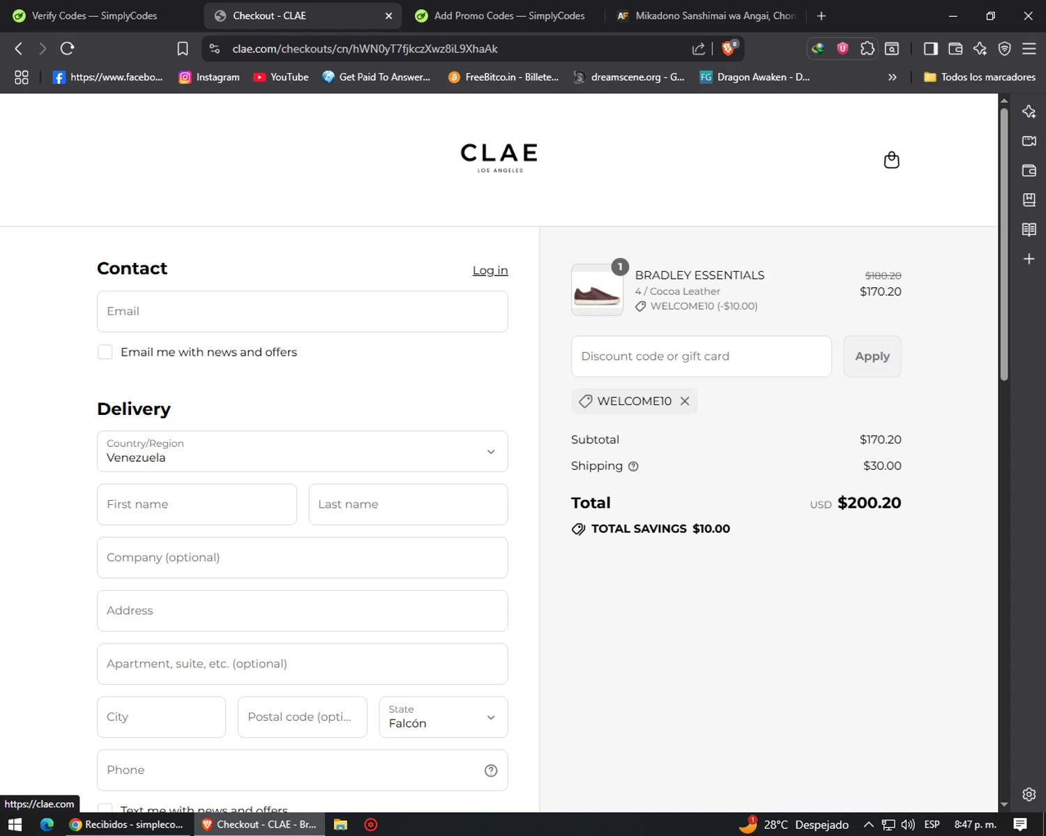 Clae discount code screenshot showing code WELCOME10 applied at Clae checkout page. Uploaded by SimplyCodes community member gracielasanchez on Jul 24, 2025