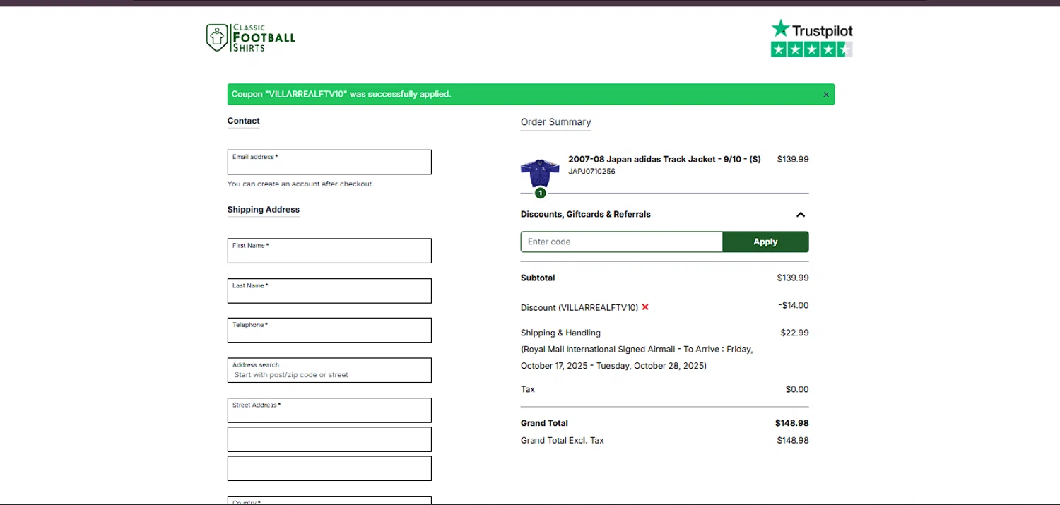 Classic Football Shirts US promo code screenshot showing code VILLARREALFTV10 applied at Classic Football Shirts US checkout page. Uploaded by SimplyCodes community member DiscountLion3937 on Sep 24, 2025