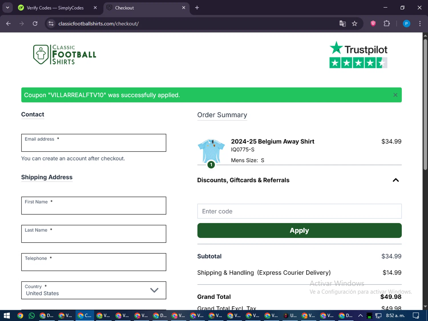 Classic Football Shirts US promo code screenshot showing code VILLARREALFTV10 applied at Classic Football Shirts US checkout page. Uploaded by SimplyCodes community member juiceWRLD on Dec 20, 2025