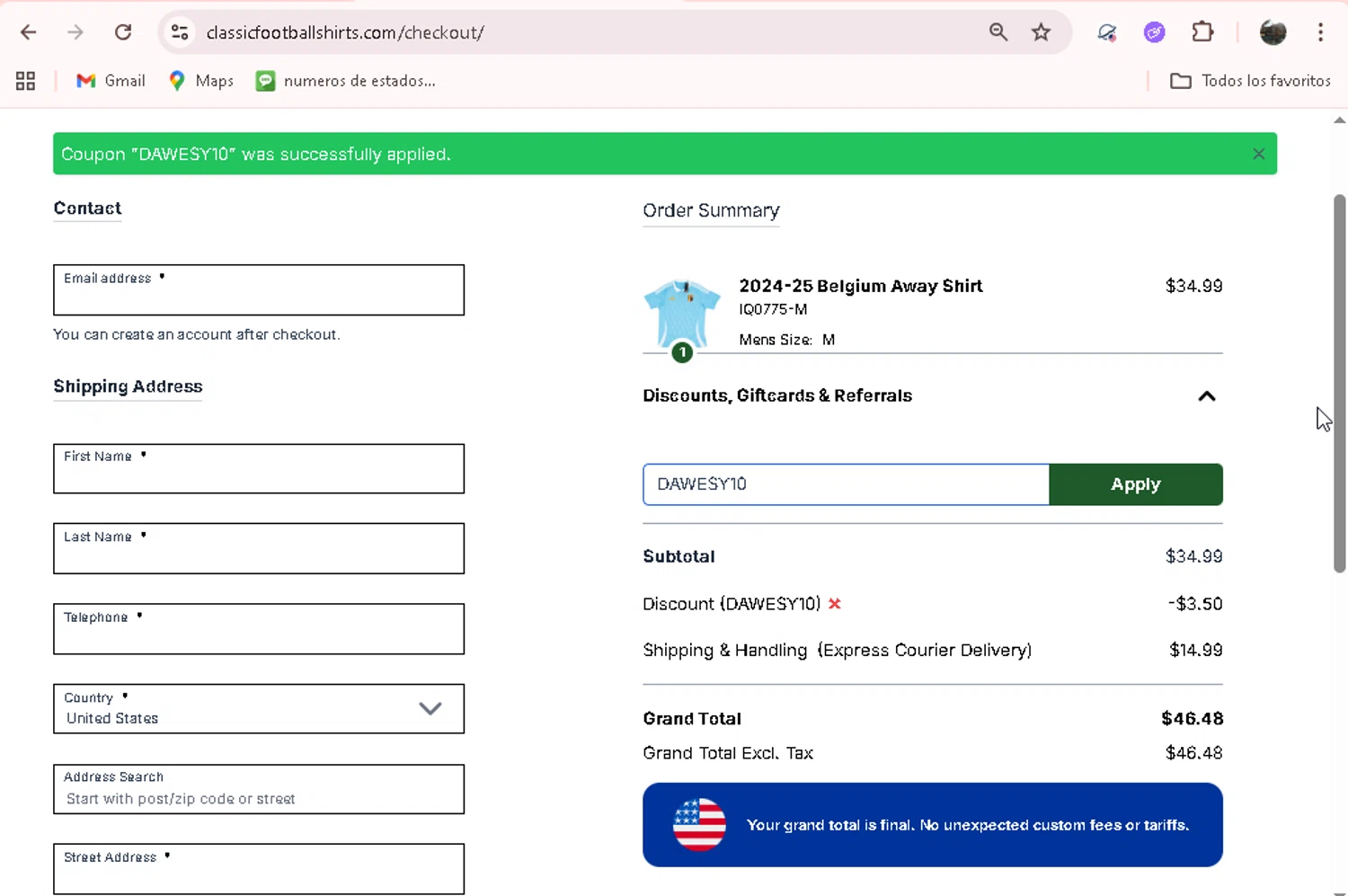 Classic Football Shirts US checkout page showing Classic Football Shirts US promo code box | Screenshot taken by SimplyCodes community member on Dec 20, 2025