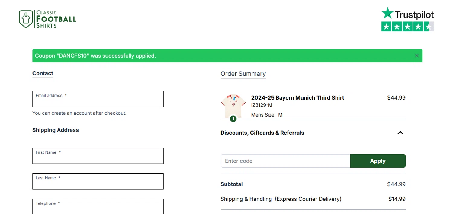 Classic Football Shirts US checkout page showing Classic Football Shirts US promo code box | Screenshot taken by SimplyCodes community member on Dec 20, 2025