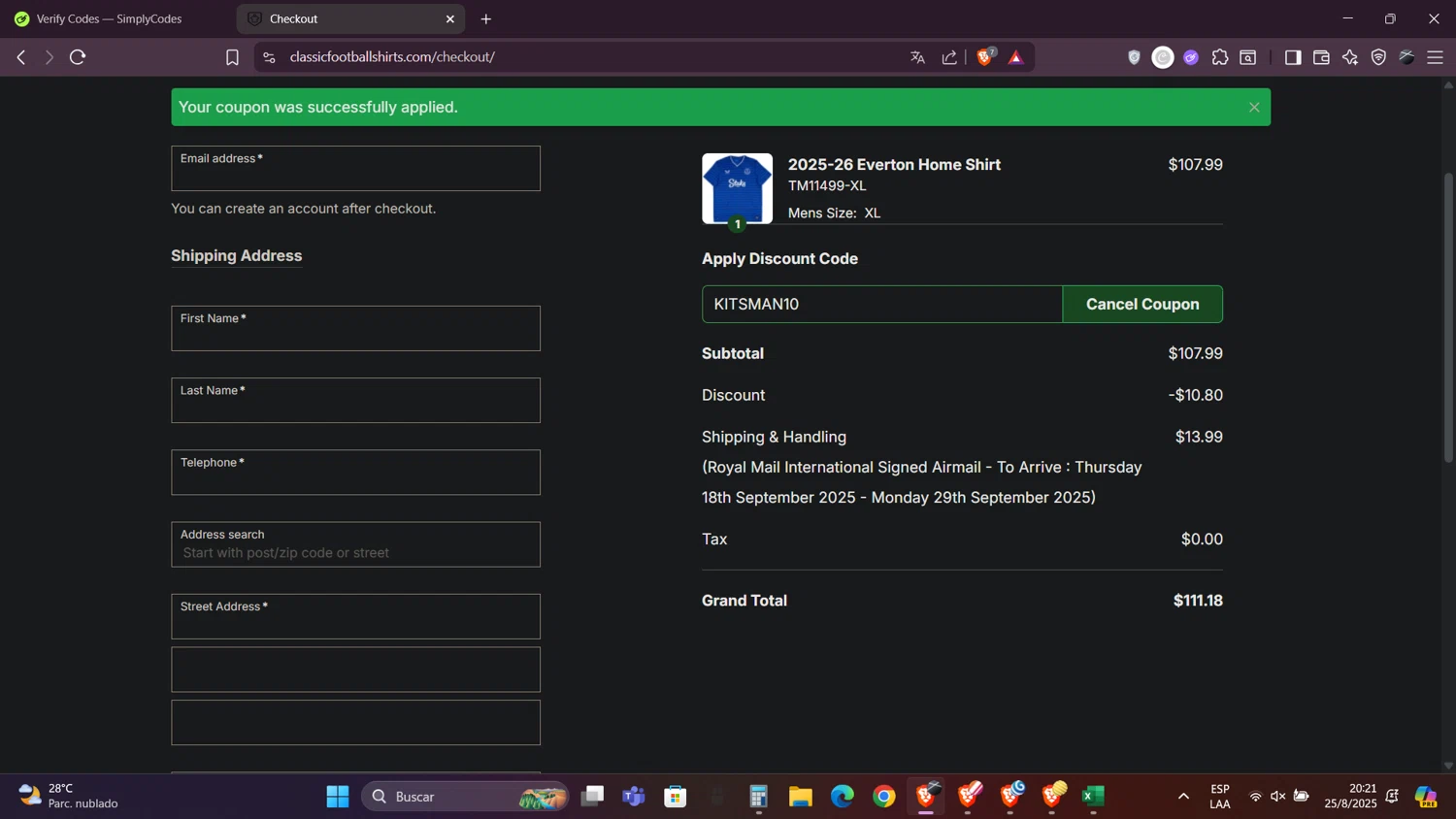 Classic Football Shirts US promo code screenshot showing code KITSMAN10 applied at Classic Football Shirts US checkout page. Uploaded by SimplyCodes community member Caraxes on Aug 26, 2025