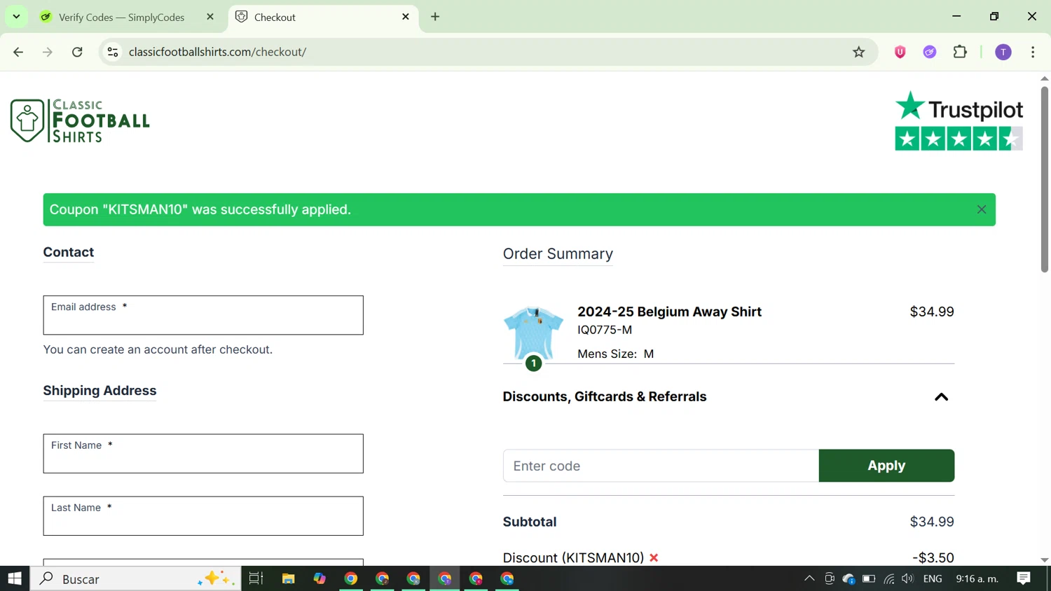 Classic Football Shirts US promo code screenshot showing code KITSMAN10 applied at Classic Football Shirts US checkout page. Uploaded by SimplyCodes community member FortunateCurator5882 on Dec 20, 2025
