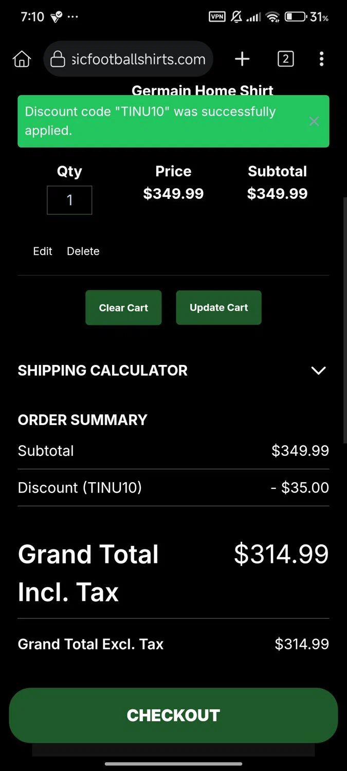 Classic Football Shirts US promo code screenshot showing code TINU10 applied at Classic Football Shirts US checkout page. Uploaded by SimplyCodes community member Enmanuel17 on Sep 24, 2025
