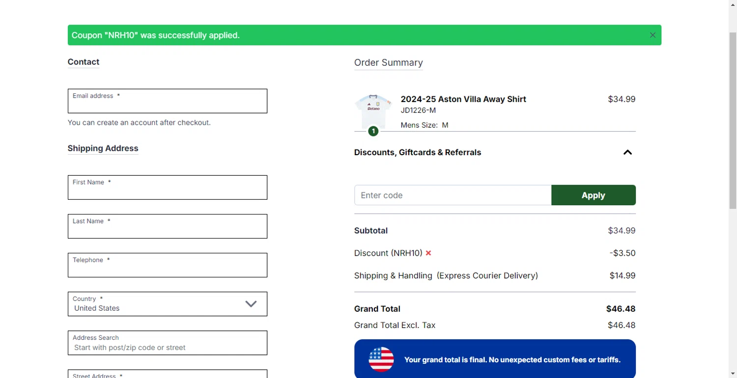 Classic Football Shirts US promo code screenshot showing code NRH10 applied at Classic Football Shirts US checkout page. Uploaded by SimplyCodes community member CodeTitan6120 on Dec 1, 2025
