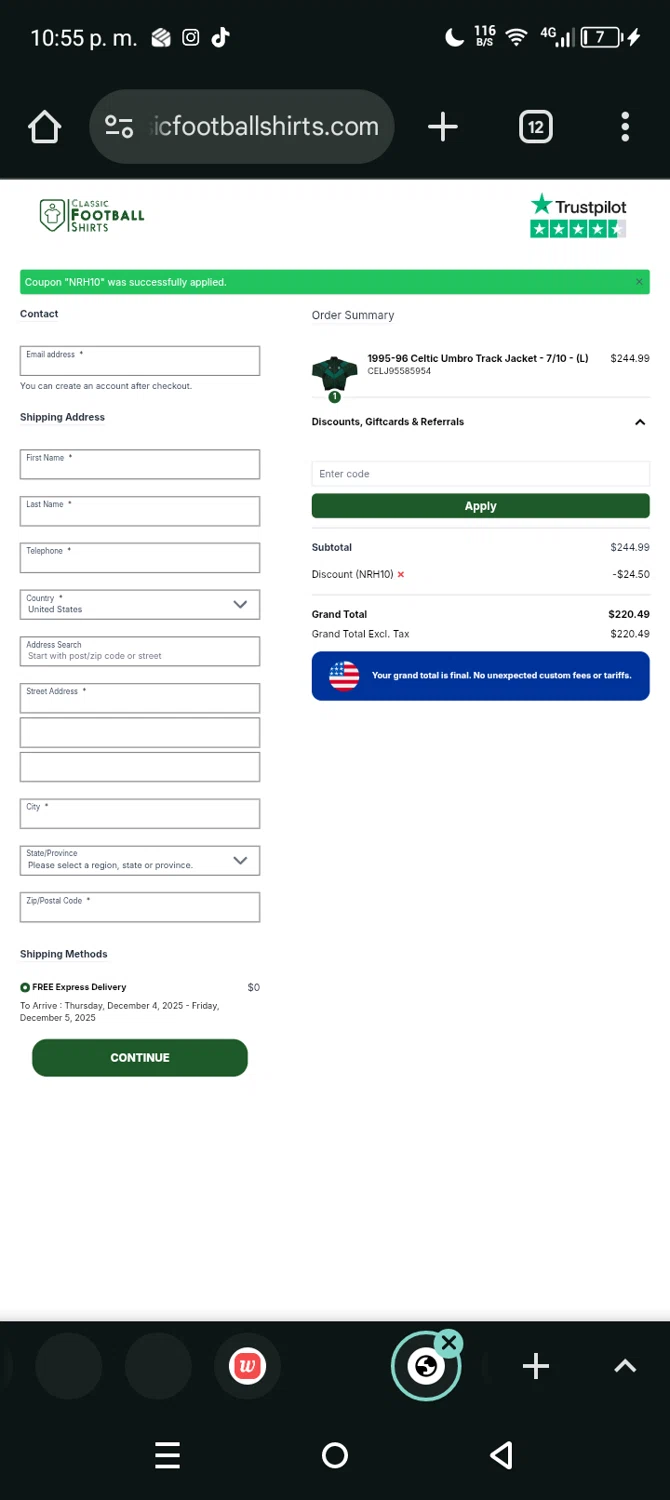 Classic Football Shirts US promo code screenshot showing code NRH10 applied at Classic Football Shirts US checkout page. Uploaded by SimplyCodes community member Eltoro20 on Dec 1, 2025