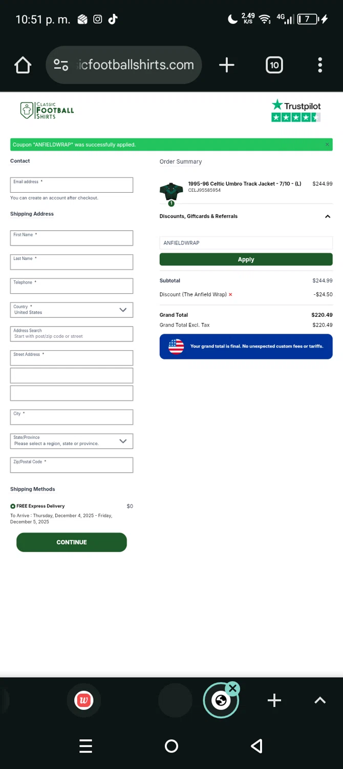 Classic Football Shirts US promo code screenshot showing code ANFIELDWRAP applied at Classic Football Shirts US checkout page. Uploaded by SimplyCodes community member Eltoro20 on Dec 1, 2025