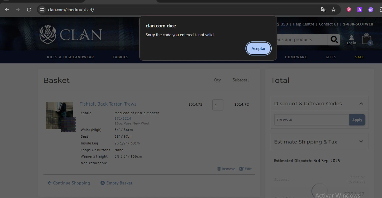 Clan promo code screenshot showing code TREWS30 applied at Clan checkout page. Uploaded by SimplyCodes community member ExtraordinarySleuth3936 on Jul 9, 2025