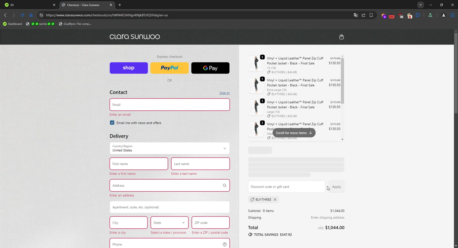 Clara Sunwoo discount code screenshot showing code BUYTHREE applied at Clara Sunwoo checkout page. Uploaded by SimplyCodes community member Mriko_Kien_lo_lea on Oct 17, 2025