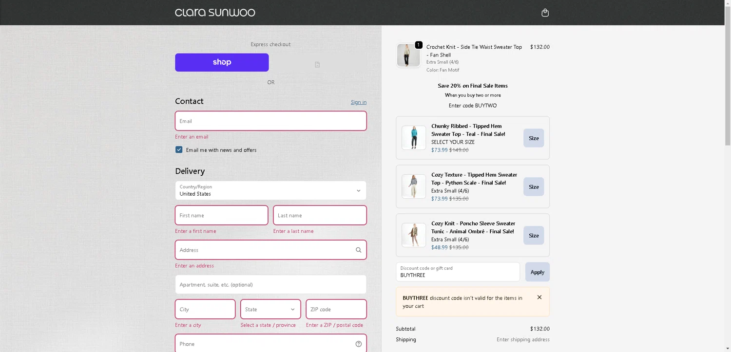 Clara Sunwoo discount code screenshot showing code BUYTHREE applied at Clara Sunwoo checkout page. Uploaded by SimplyCodes community member SwiftLynx7415 on Oct 17, 2025