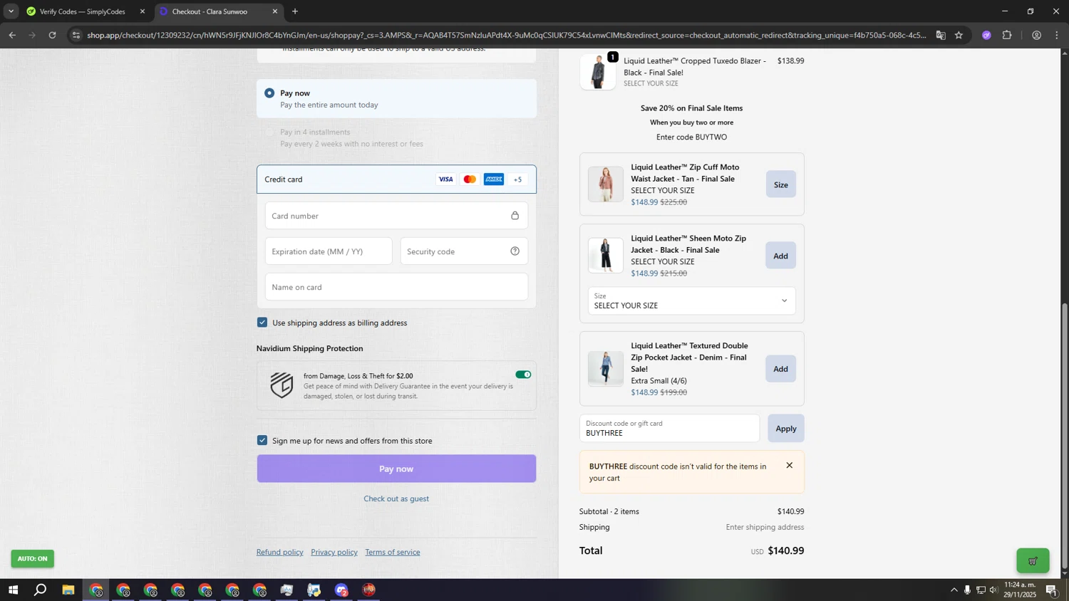 Clara Sunwoo discount code screenshot showing code BUYTHREE applied at Clara Sunwoo checkout page. Uploaded by SimplyCodes community member kkkkkkkkkkkkkkkkkkkk on Nov 29, 2025