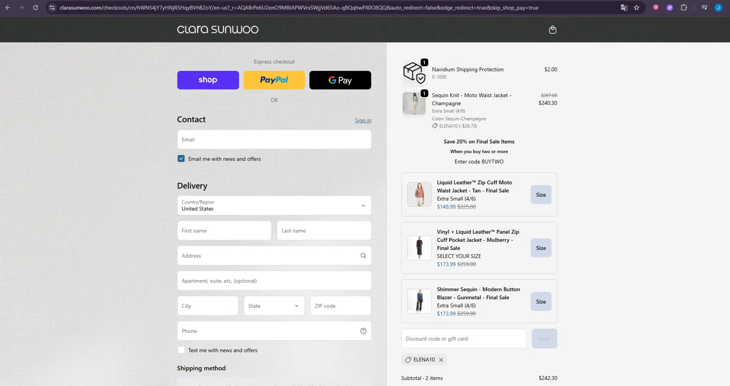 Clara Sunwoo discount code screenshot showing code ELENA10 applied at Clara Sunwoo checkout page. Uploaded by SimplyCodes community member LuckyDefender4135 on Nov 9, 2025