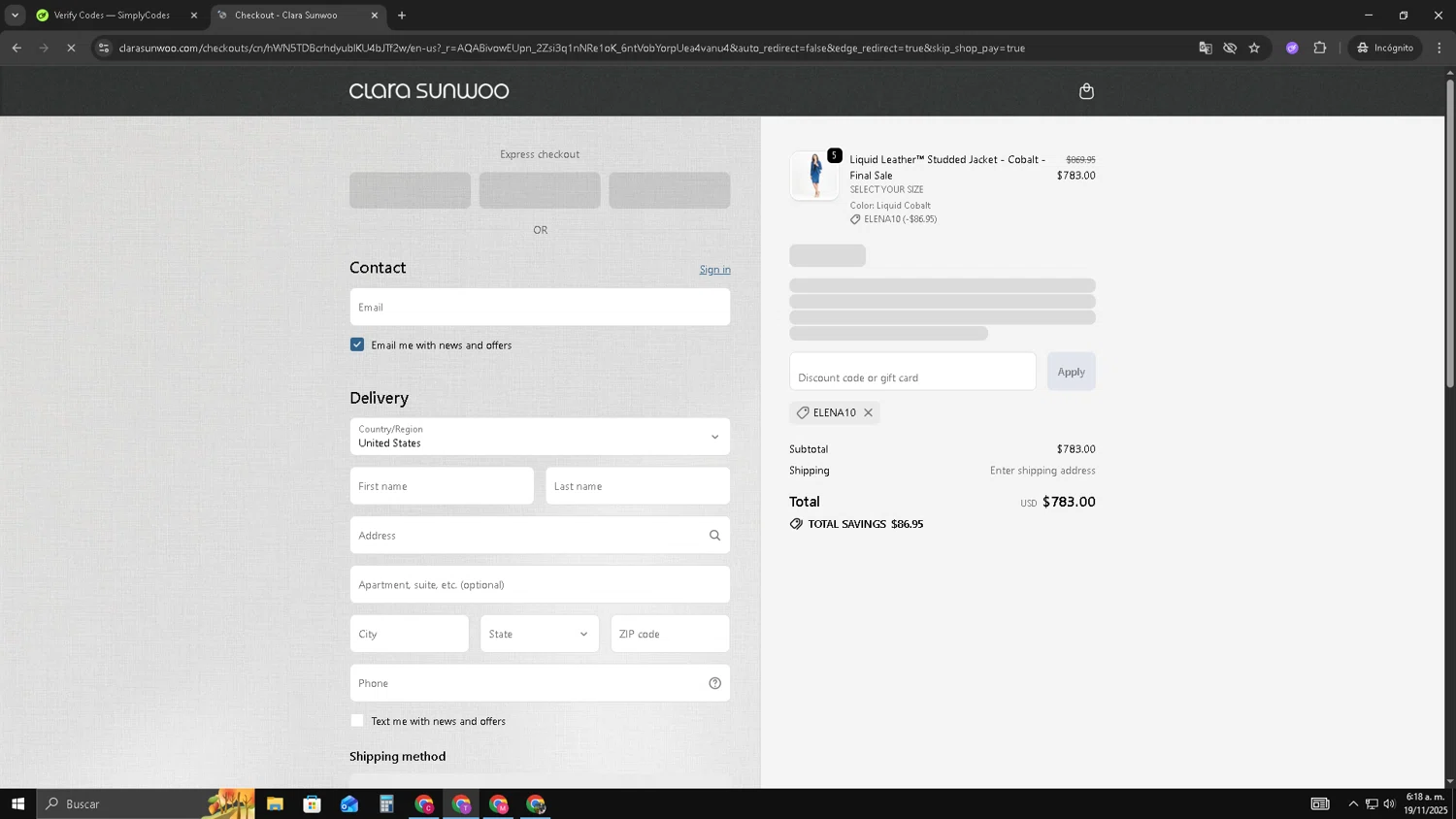 Clara Sunwoo discount code screenshot showing code ELENA10 applied at Clara Sunwoo checkout page. Uploaded by SimplyCodes community member ShrewdSleuth9497 on Nov 19, 2025