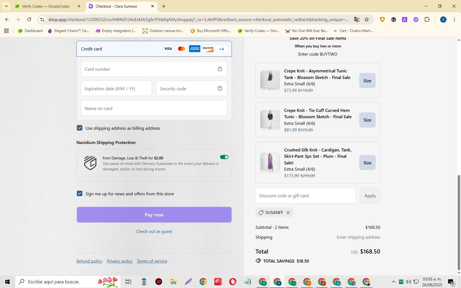 Clara Sunwoo discount code screenshot showing code SusanFF applied at Clara Sunwoo checkout page. Uploaded by SimplyCodes community member CleverOwl2485 on Aug 26, 2025