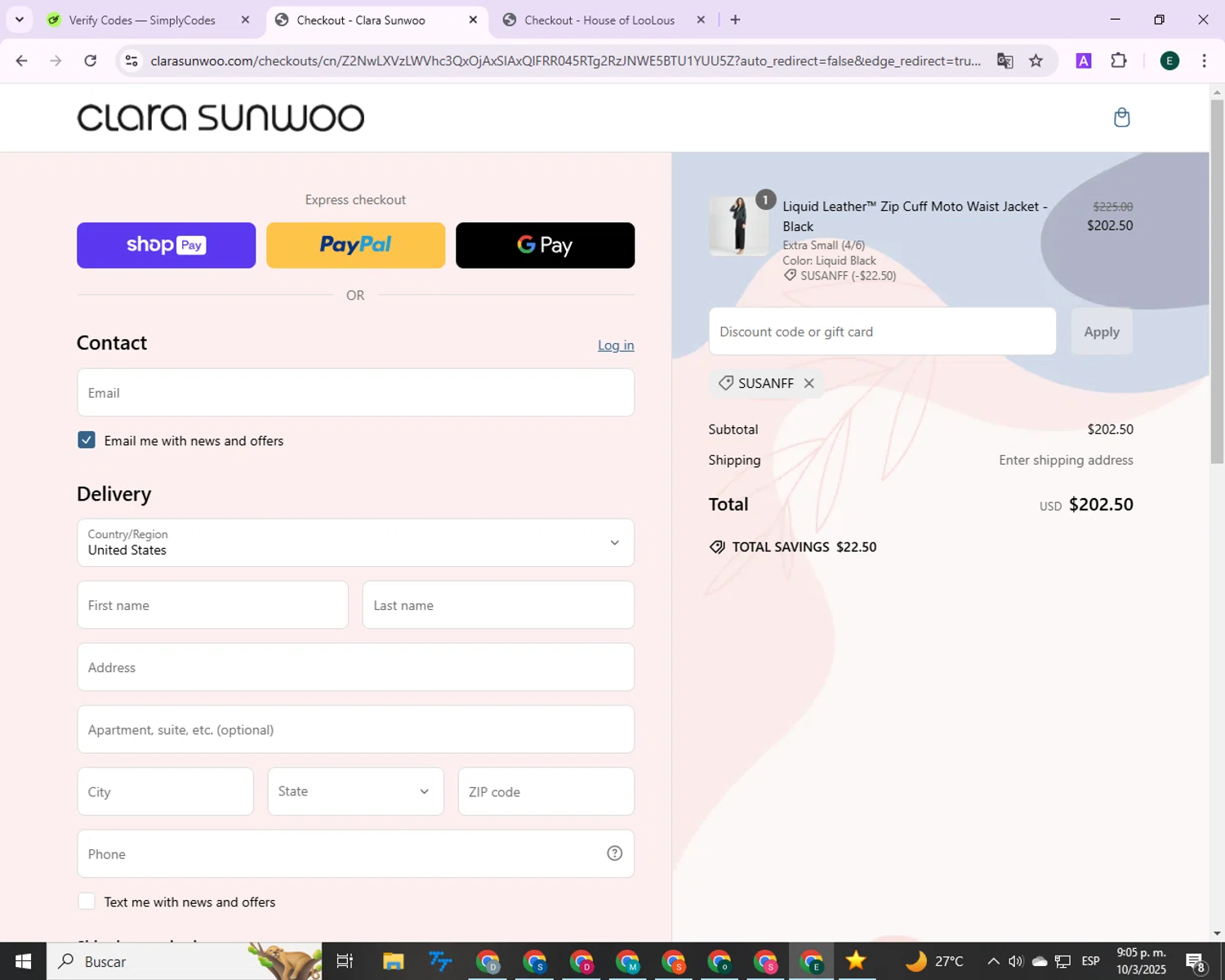 Clara Sunwoo discount code screenshot showing code SusanFF applied at Clara Sunwoo checkout page. Uploaded by SimplyCodes community member 00000006 on Mar 11, 2025