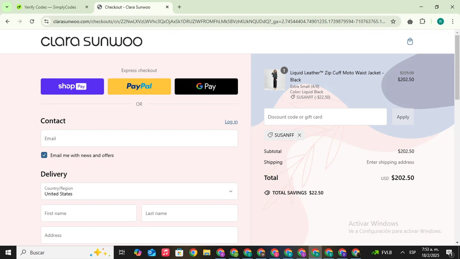 Clara Sunwoo discount code screenshot showing code SusanFF applied at Clara Sunwoo checkout page. Uploaded by SimplyCodes community member SavingsLegend387 on Feb 18, 2025
