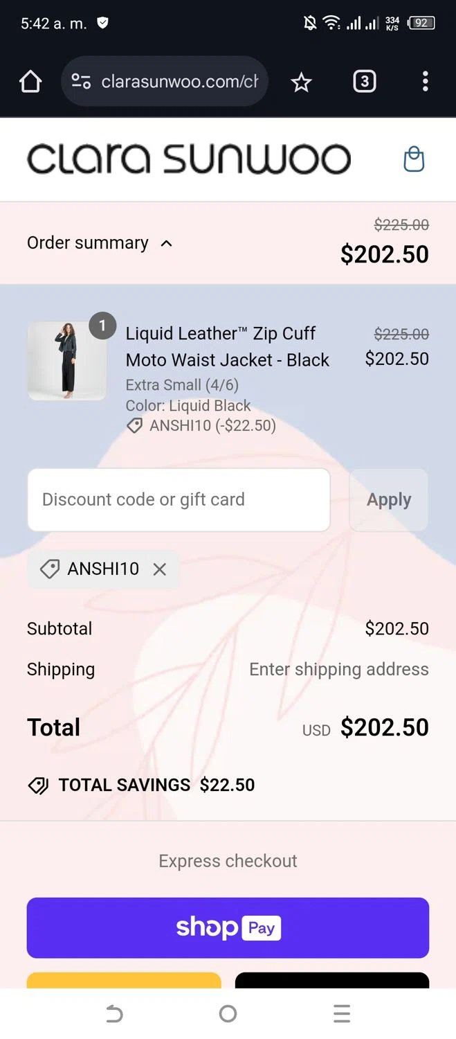 Clara Sunwoo discount code screenshot showing code ANSHI10 applied at Clara Sunwoo checkout page. Uploaded by SimplyCodes community member Alejandra10 on Mar 9, 2025
