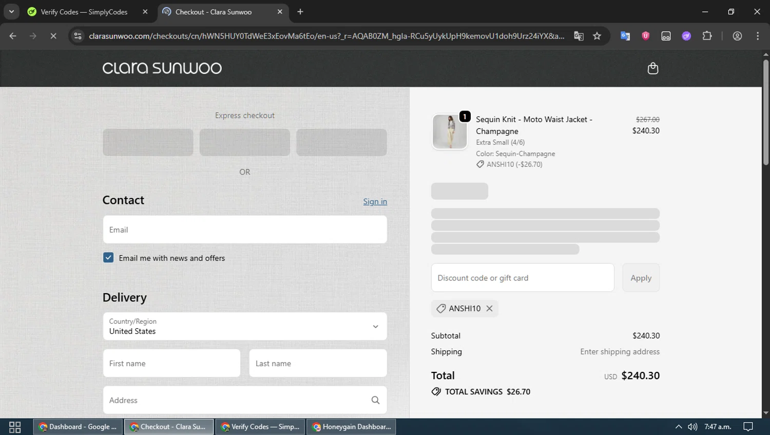Clara Sunwoo discount code screenshot showing code ANSHI10 applied at Clara Sunwoo checkout page. Uploaded by SimplyCodes community member MoneyPioneer4925 on Nov 14, 2025