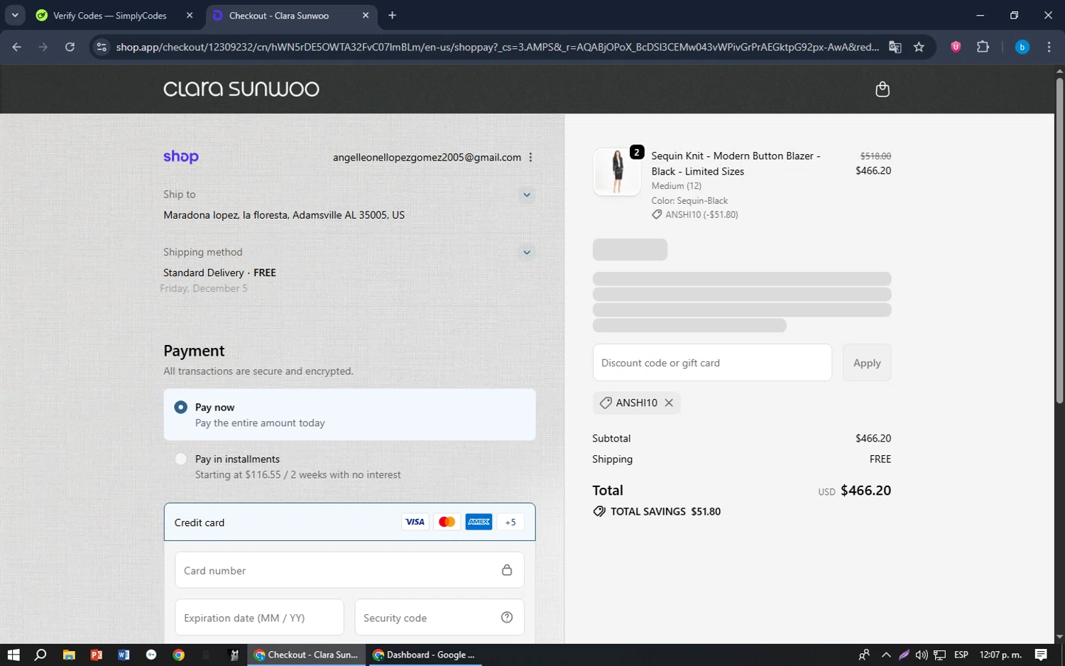 Clara Sunwoo discount code screenshot showing code ANSHI10 applied at Clara Sunwoo checkout page. Uploaded by SimplyCodes community member bilijr on Nov 29, 2025