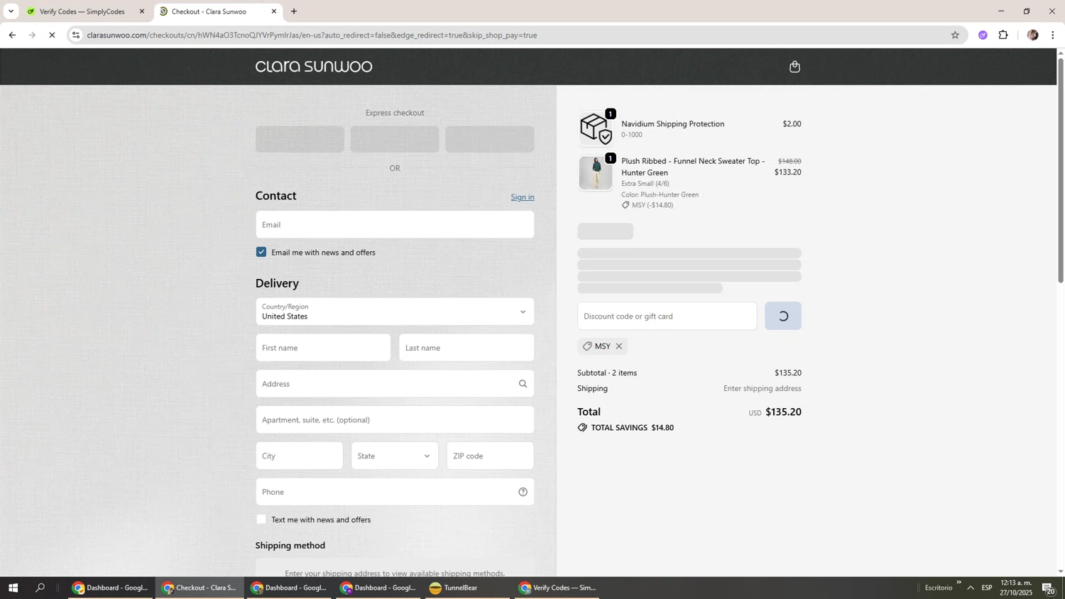 Clara Sunwoo discount code screenshot showing code MSY applied at Clara Sunwoo checkout page. Uploaded by SimplyCodes community member Levi_Ackerman on Oct 27, 2025