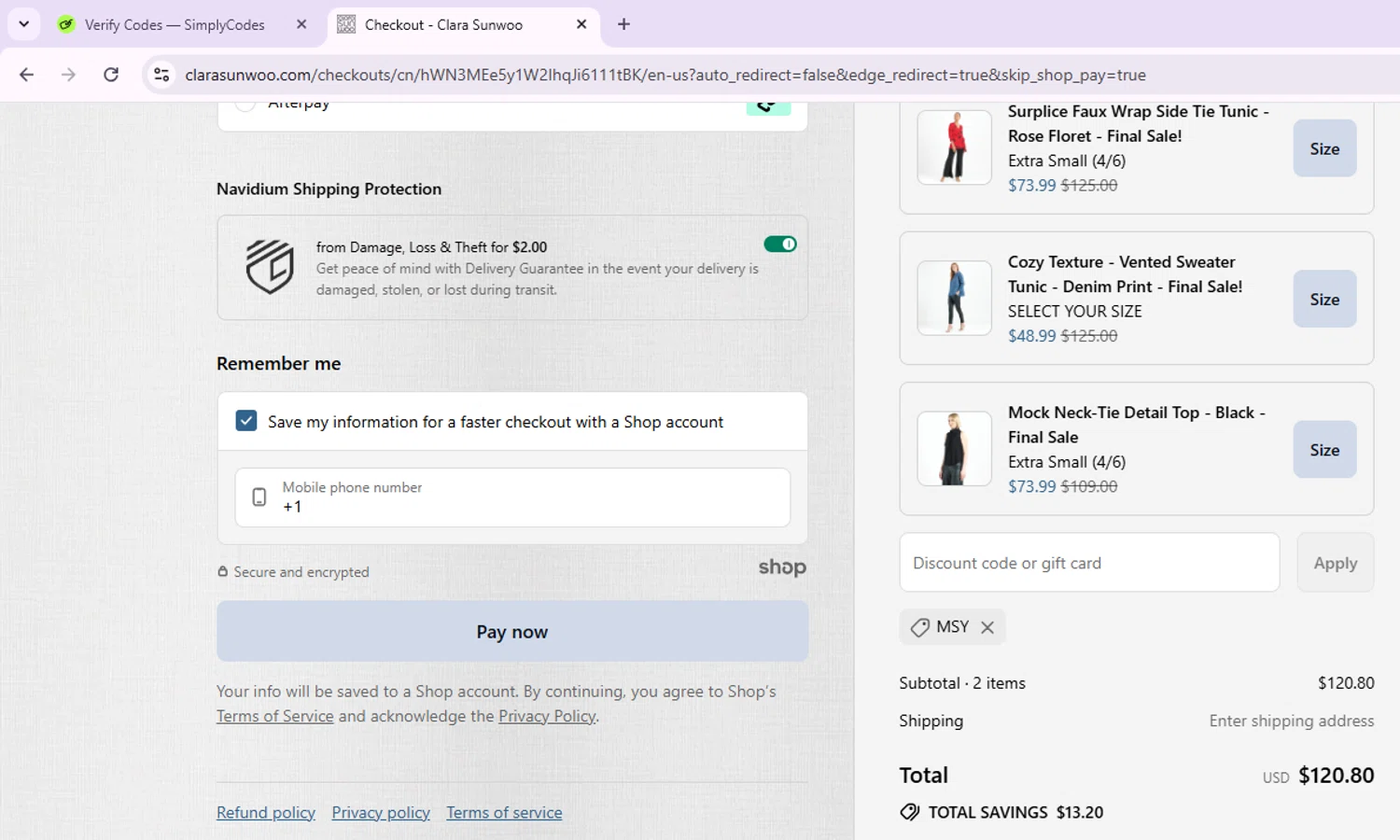 Clara Sunwoo discount code screenshot showing code MSY applied at Clara Sunwoo checkout page. Uploaded by SimplyCodes community member Morketools on Sep 24, 2025