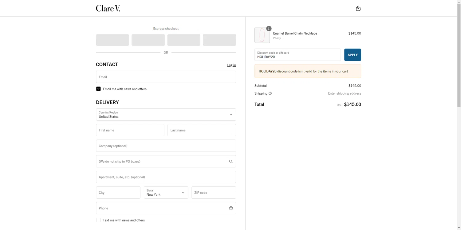 Clare V. promo code screenshot showing code HOLIDAY20 applied at Clare V. checkout page. Uploaded by SimplyCodes community member CrownTiger6508 on Jun 1, 2025