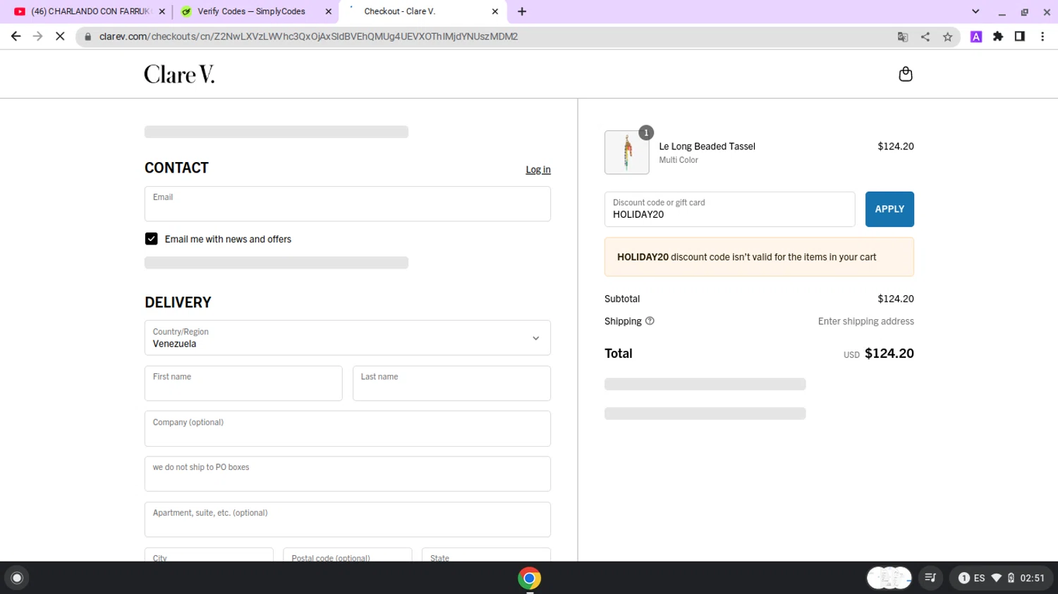 Clare V. promo code screenshot showing code HOLIDAY20 applied at Clare V. checkout page. Uploaded by SimplyCodes community member lapampita on May 28, 2025