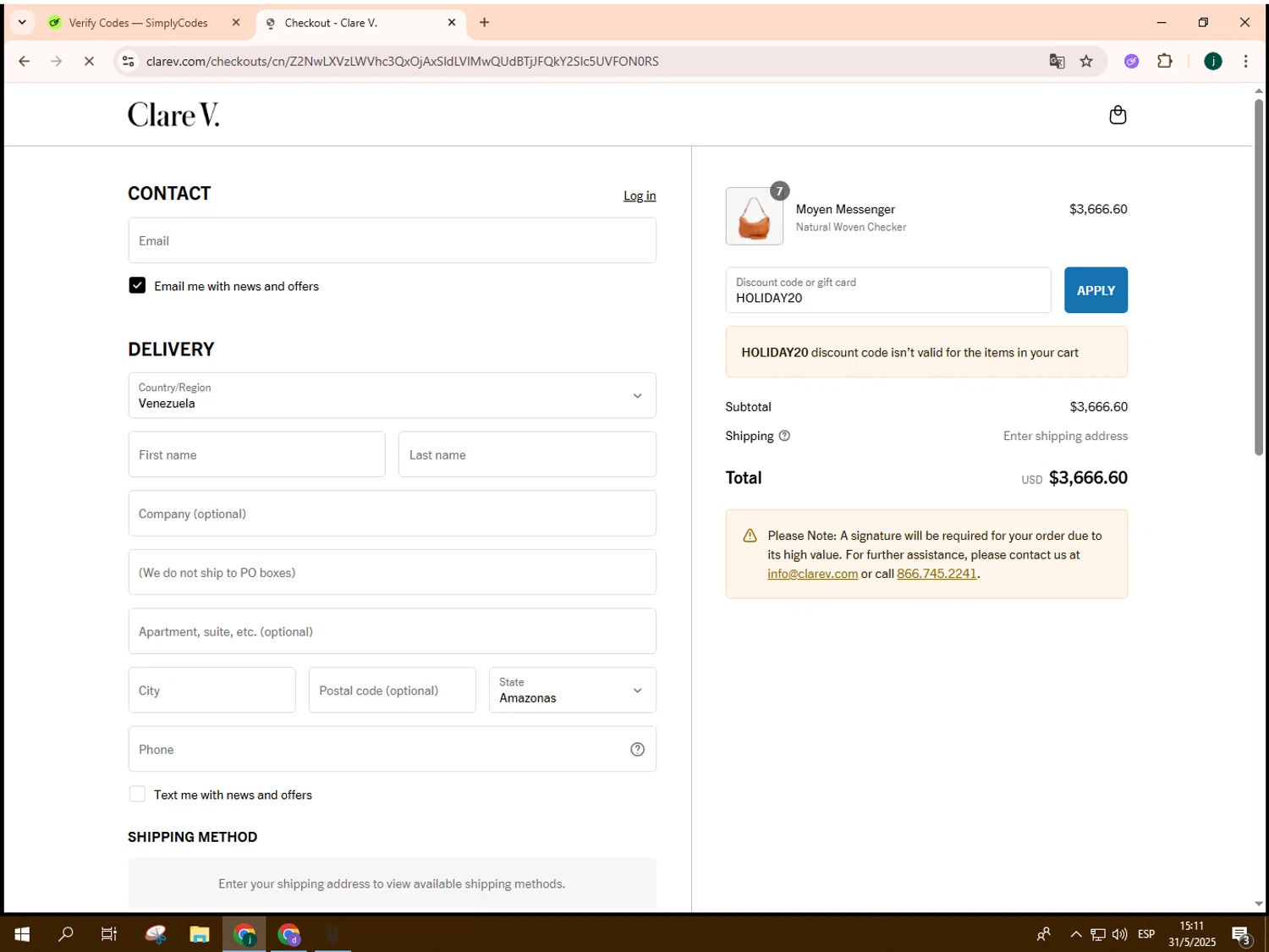 Clare V. promo code screenshot showing code HOLIDAY20 applied at Clare V. checkout page. Uploaded by SimplyCodes community member ptreds on May 31, 2025