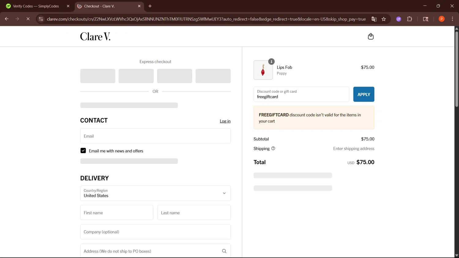 Clare V. promo code screenshot showing code freegiftcard applied at Clare V. checkout page. Uploaded by SimplyCodes community member LegendaryPro3698 on Jun 25, 2025