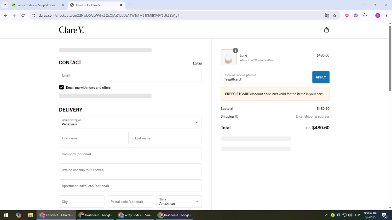 Clare V. promo code screenshot showing code freegiftcard applied at Clare V. checkout page. Uploaded by SimplyCodes community member Son_Goku on Jun 5, 2025