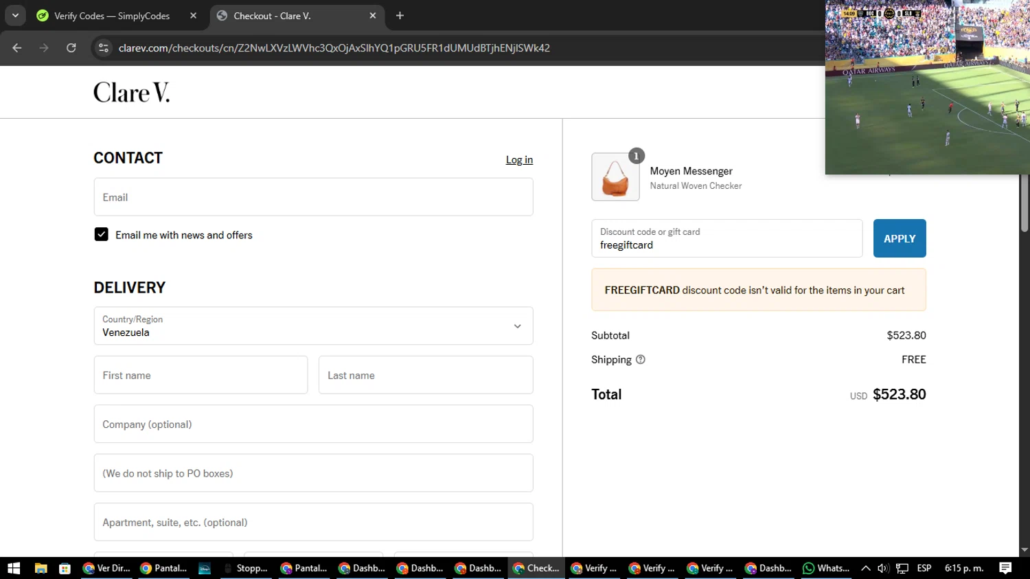 Clare V. promo code screenshot showing code freegiftcard applied at Clare V. checkout page. Uploaded by SimplyCodes community member nataaokiiii on Jun 16, 2025