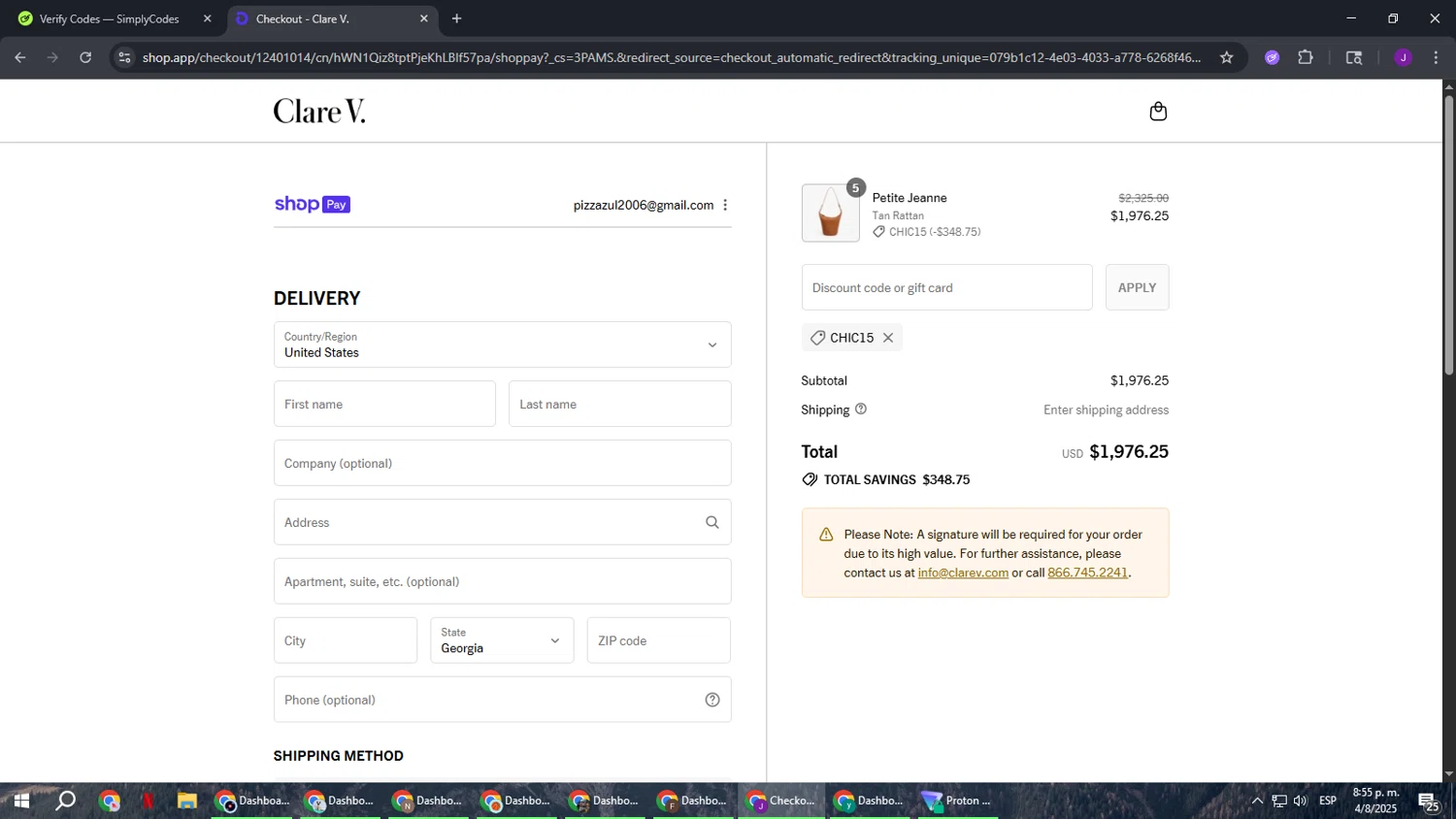 Clare V. promo code screenshot showing code CHIC15 applied at Clare V. checkout page. Uploaded by SimplyCodes community member ComeBurra123 on Aug 5, 2025