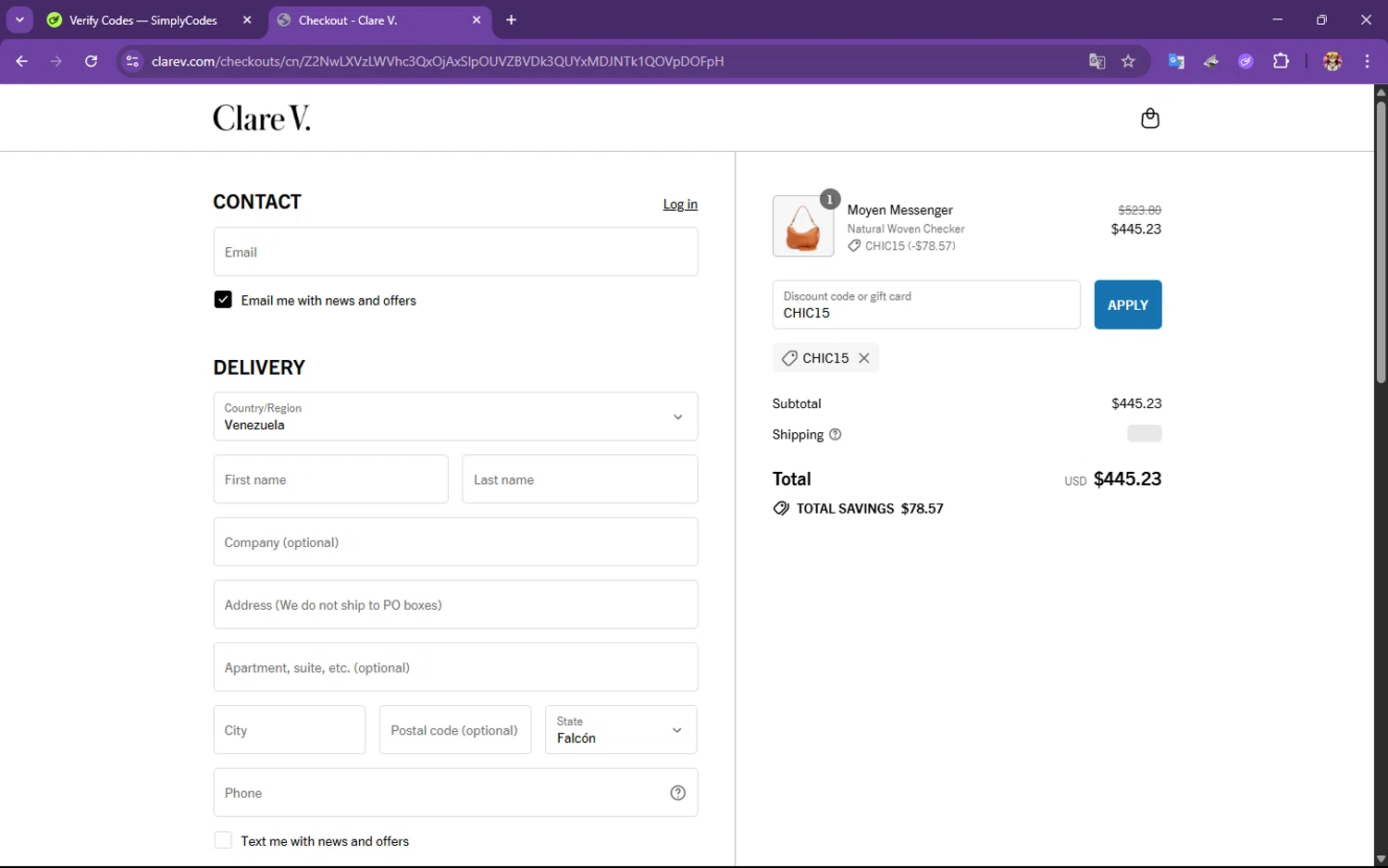Clare V. promo code screenshot showing code CHIC15 applied at Clare V. checkout page. Uploaded by SimplyCodes community member PrimeSeeker905 on Jul 8, 2025