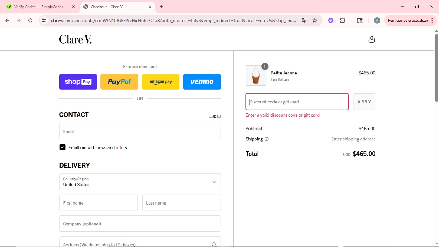 Clare V. promo code screenshot showing code HOT15 applied at Clare V. checkout page. Uploaded by SimplyCodes community member CrownSpotter6947 on Aug 11, 2025