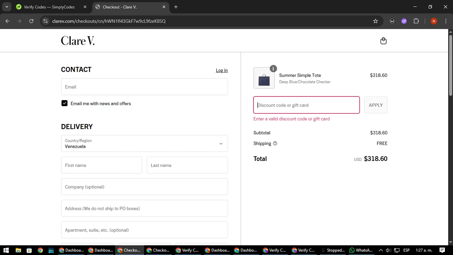 Clare V. promo code screenshot showing code HOT15 applied at Clare V. checkout page. Uploaded by SimplyCodes community member MagnificentScout194 on Aug 11, 2025