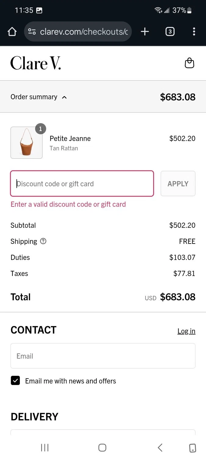 Clare V. promo code screenshot showing code HOT15 applied at Clare V. checkout page. Uploaded by SimplyCodes community member Milaya on Aug 11, 2025