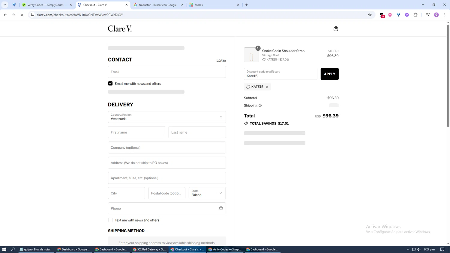 Clare V. promo code screenshot showing code Kate15 applied at Clare V. checkout page. Uploaded by SimplyCodes community member BargainOwl3928 on Aug 17, 2025