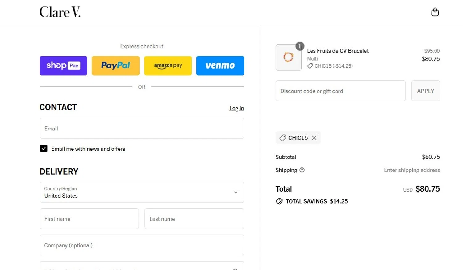 Clare V. promo code screenshot showing code CHIC15 applied at Clare V. checkout page. Uploaded by SimplyCodes community member criah256752 on Jul 8, 2025