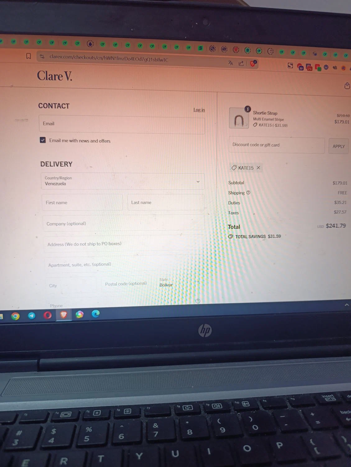Clare V. promo code screenshot showing code Kate15 applied at Clare V. checkout page. Uploaded by SimplyCodes community member josegarcia6 on Aug 13, 2025
