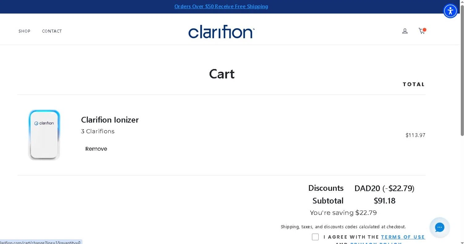 Clarifion promo code screenshot showing code dad20 applied at Clarifion checkout page. Uploaded by SimplyCodes community member LAMINEJAMAL on Jun 12, 2026