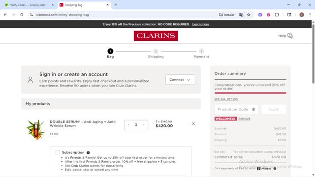 Clarins checkout page showing Clarins promo code box | Screenshot taken by SimplyCodes community member on Sep 12, 2025