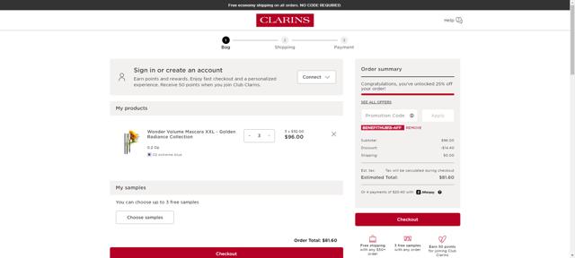 Clarins checkout page showing Clarins promo code box | Screenshot taken by SimplyCodes community member on Sep 11, 2025