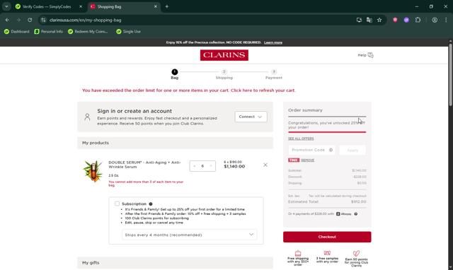 Clarins checkout page showing Clarins promo code box | Screenshot taken by SimplyCodes community member on Sep 15, 2025